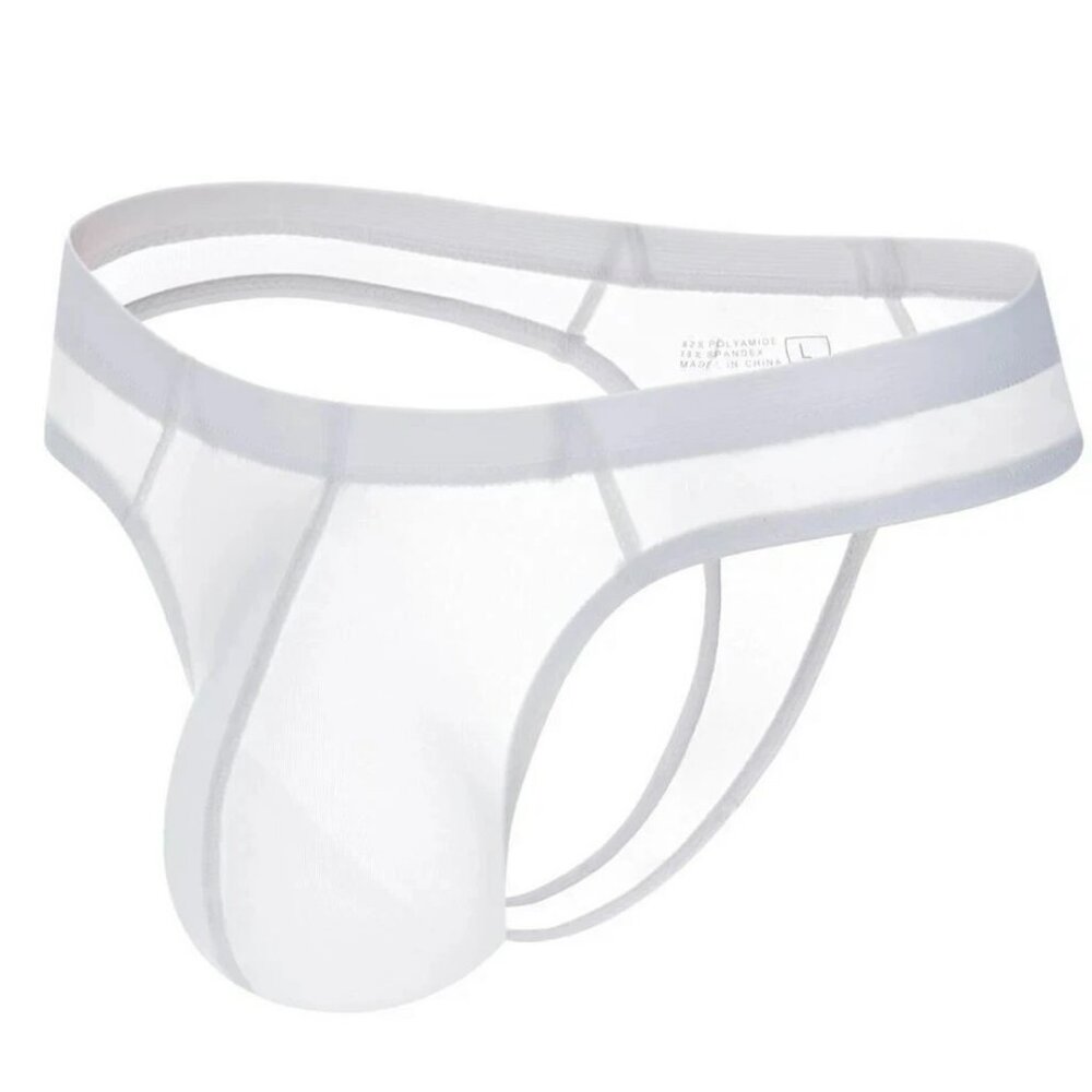 JOCKMAIL   Waist 28-31"s Nylon Blend Semi Sheer T-Back Thong - White - PouchJOC - Picture 11 of 11